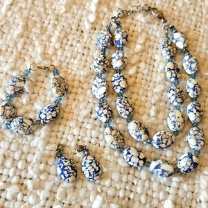 Matching Set - Bracciated Stone Beaded Necklace, Bracelet, and Earrings